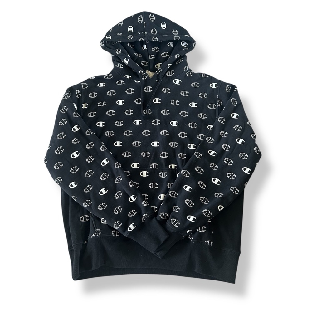 [Champion] Black All Over Print Logo Hoodie